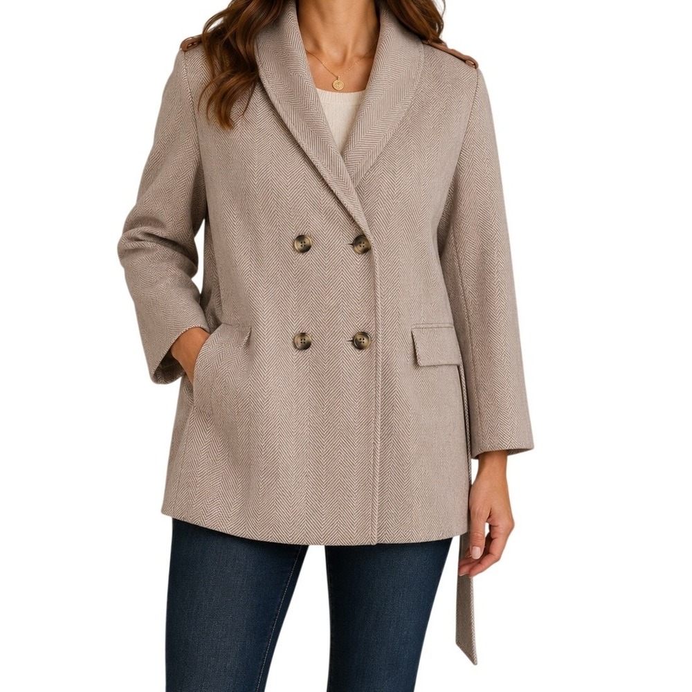 Allegra K Pink Herringbone Double Breasted‎ Belted Trench Coat Shawl Collar XL